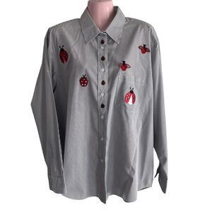 Get Lucky U.S.A. Shirt Womens Large White Ladybug Striped Embroidered Button Up